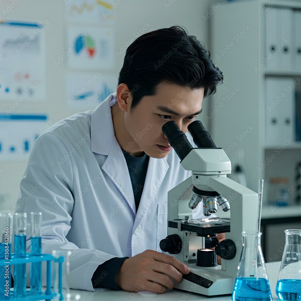Scientist using a microscope conducts research in a modern laboratory setting Scientist using a microscope conducts research in a modern laboratory setting