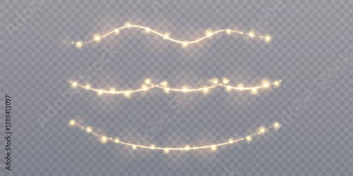 Realistic glowing string lights on transparent background. Perfect for holiday banners, wedding decorations, New Year design, invitations, or festive digital overlays.

