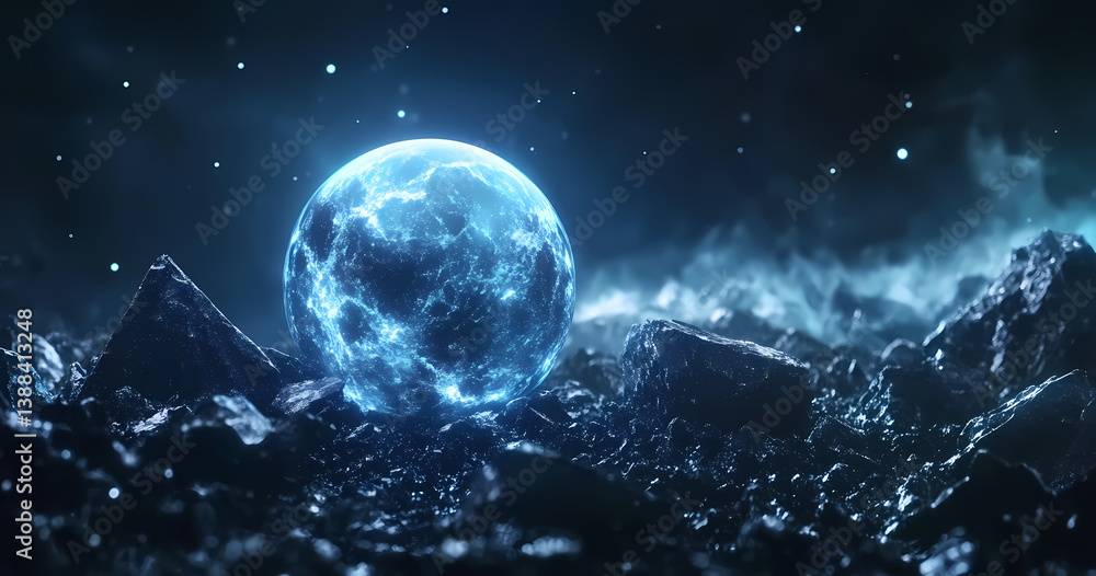 Naklejka premium Mystic Energy Sphere: Witness the ethereal beauty of a radiant blue energy sphere amidst a dramatic, celestial landscape.