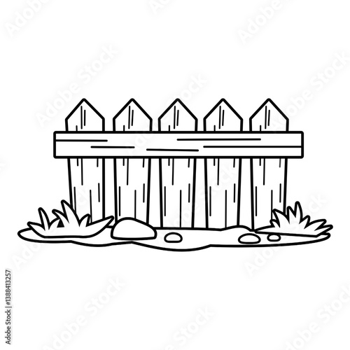 Wooden fence with grass vector illustration in black and white isolated on white background	