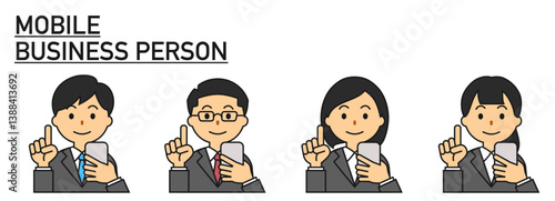 笑顔でスマートフォン、スマホを操作するスーツを着たビジネスマンのセット	