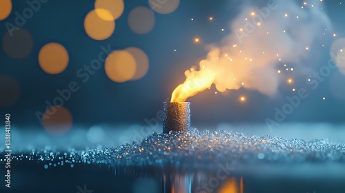 Glowing candle with golden flame on sparkling surface against dark blue background with bokeh lights creates magical atmospheric mood.