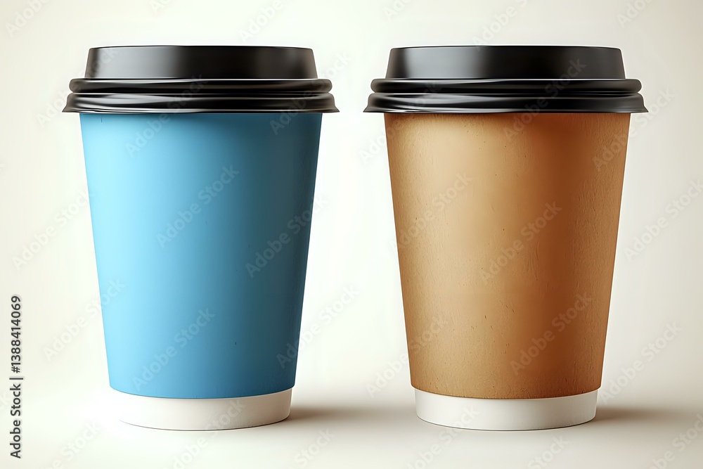 Blue and brown disposable coffee cups with black lids on light background, mockup for cafe and restaurant branding design elements. Blue and brown disposable coffee cups with black lids on light background, mockup for cafe and restaurant branding design elements.