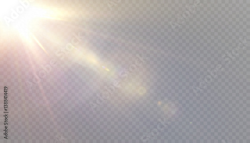 Realistic sunlight with lens flare, soft glow, and transparent haze coming from the top left corner. Perfect for natural light overlays, summer scenes, UI backlighting.