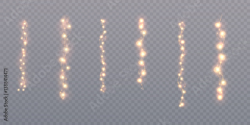 Set of vertical glowing string lights with warm golden bulbs on transparent background. Ideal for festive decorations, wedding design, holiday banners, overlays and party visuals.