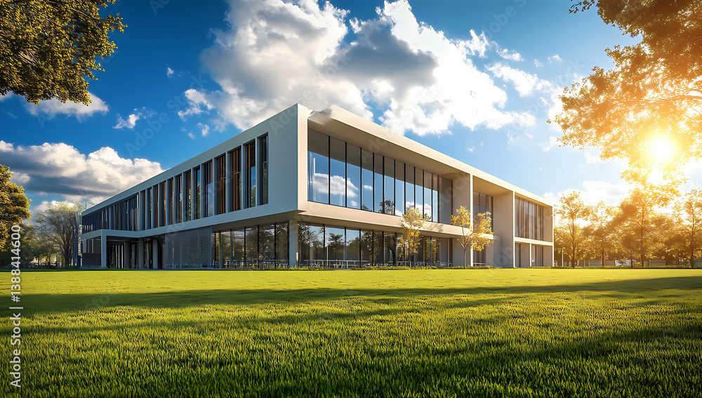 Obraz premium Modern Architecture on a Sunny Day: A sleek, contemporary building stands under a brilliant blue sky, reflecting the vibrancy of its natural surroundings.