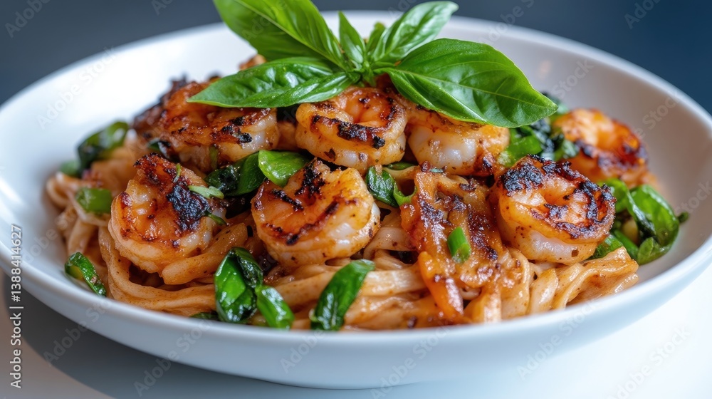 A plate of creamy pasta is topped with grilled shrimp and fresh basil. The composition centers on the shrimp and pasta, with basil as a garnish. The high-resolution image boasts excellent lighting, A plate of creamy pasta is topped with grilled shrimp and fresh basil. The composition centers on the shrimp and pasta, with basil as a garnish. The high-resolution image boasts excellent lighting,
