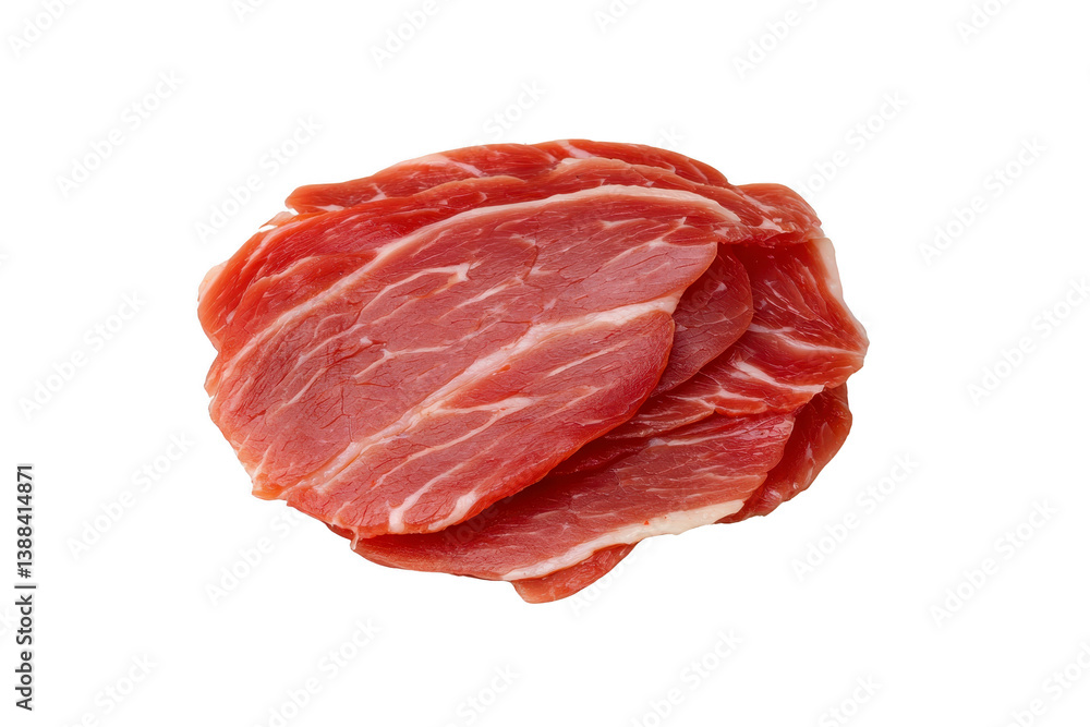 A Slices of raw, marbled red meat are stacked in circular arrangement, showcasing their rich texture and color. fresh cuts display white marbling, indicating tenderness and flavor A Slices of raw, marbled red meat are stacked in circular arrangement, showcasing their rich texture and color. fresh cuts display white marbling, indicating tenderness and flavor