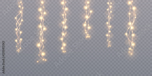 Vertical golden string lights with glowing bulbs on transparent background. Ideal for festive decorations, holiday scenes, party backdrops, or elegant illumination in event design.


