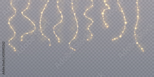Set of vertical glowing string lights with warm golden bulbs on transparent background. Ideal for festive decorations, wedding design, holiday banners, overlays and party visuals.