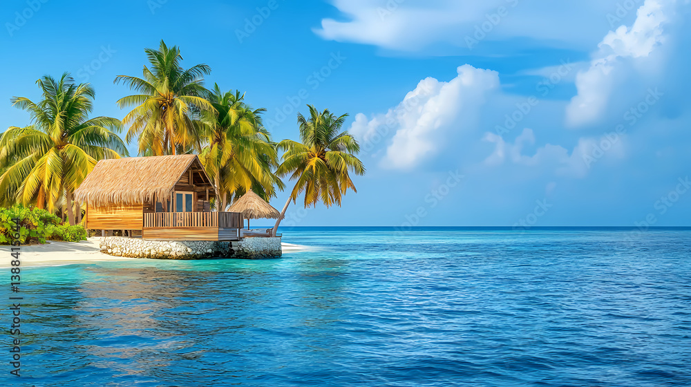 Obraz premium Tropical Paradise: A captivating image showcasing an idyllic tropical scene, where a charming hut nestles on a pristine beach, framed by swaying palm trees and the calm, azure waters of the ocean.
