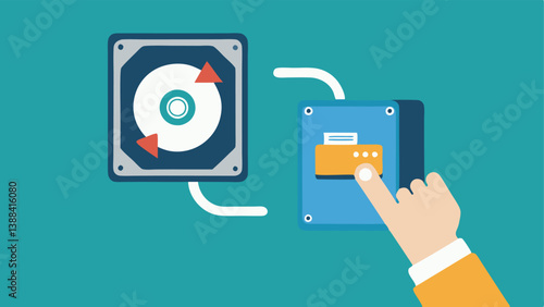 Data Recovery A closeup illustration of hands connecting a hard drive to a forensic tool with visible data recovery software on the screen displaying file recovery progress.
