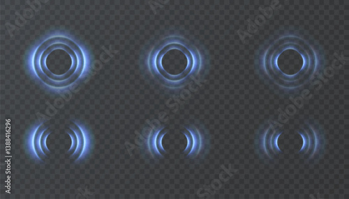 Set of glowing blue radar rings and wave pulses on dark transparent background. Ideal for sci-fi interfaces, HUD, sonar effects, and tech overlays.