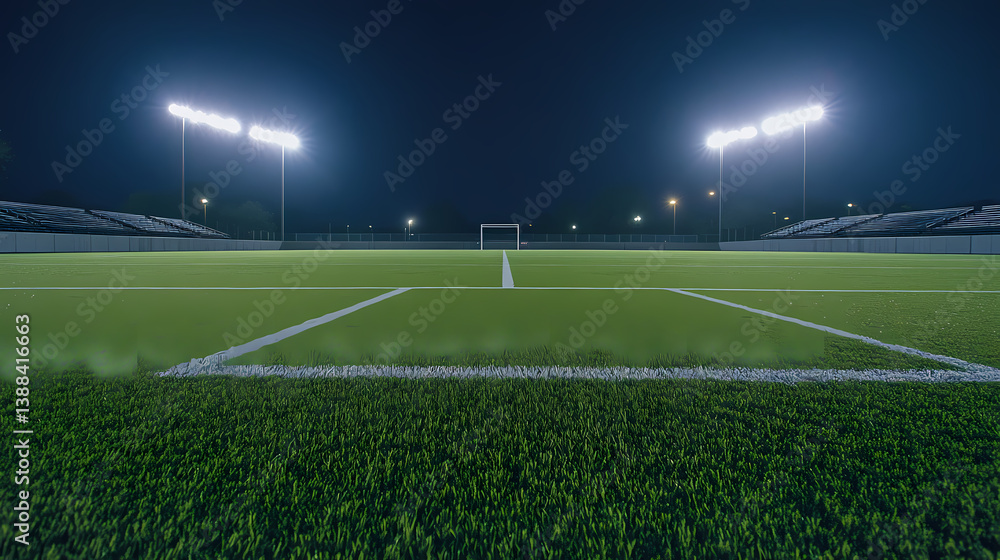 Fototapeta premium Illuminated Stadium at Dusk: A captivating view of a soccer field, under the bright illumination of stadium lights against a darkening sky. Capture the anticipation and excitement