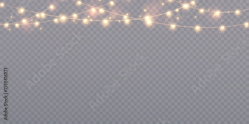 Christmas garlands with glowing warm bulbs and glitter on a transparent background. Perfect for party banners, holiday scenes, weddings or elegant evening decorations.