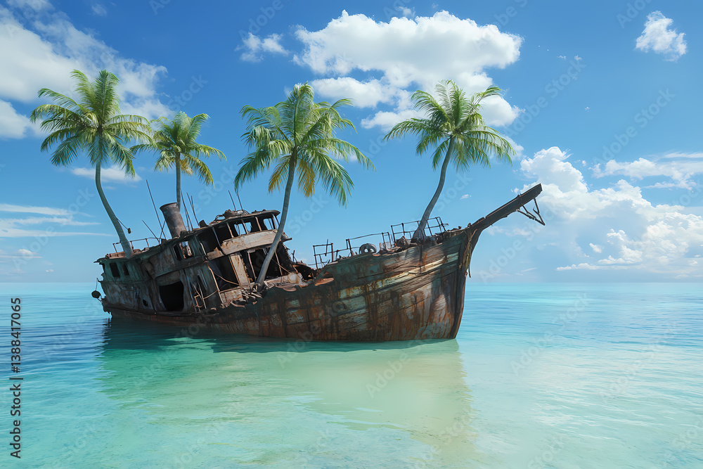 Fototapeta premium Tropical Paradise: A weathered ship, adorned with thriving palm trees, rests gracefully in the tranquil embrace of a tropical oasis, under a vibrant blue sky filled with fluffy clouds.