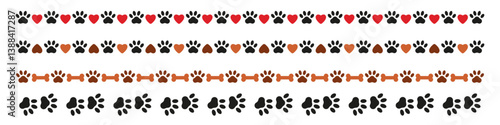 Set of dog or cat paws borders in flat style. Pet friendly vector design. Cute decorative element for pet shop and veterinary, banners, posters