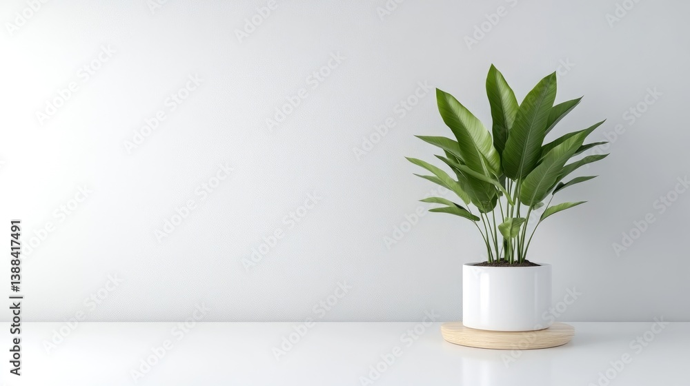 A green potted plant on a white surface against a minimalist light gray wall, modern interior design, and natural and serene composition. A green potted plant on a white surface against a minimalist light gray wall, modern interior design, and natural and serene composition.