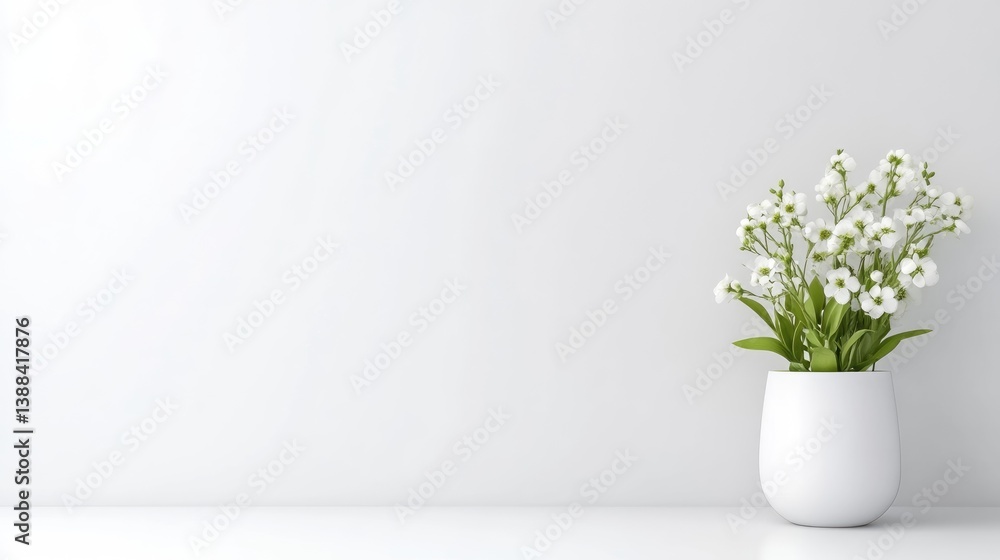 A white vase with a bouquet of delicate white flowers on a minimalist shelf against a plain wall, and simple and elegant home decor concept. A white vase with a bouquet of delicate white flowers on a minimalist shelf against a plain wall, and simple and elegant home decor concept.