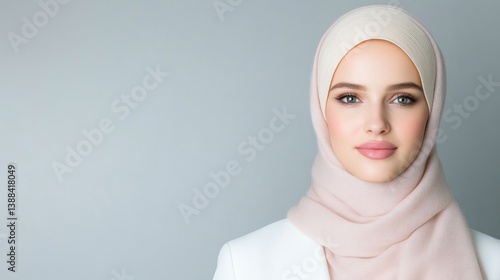 Young woman in light beige hijab, elegant and confident