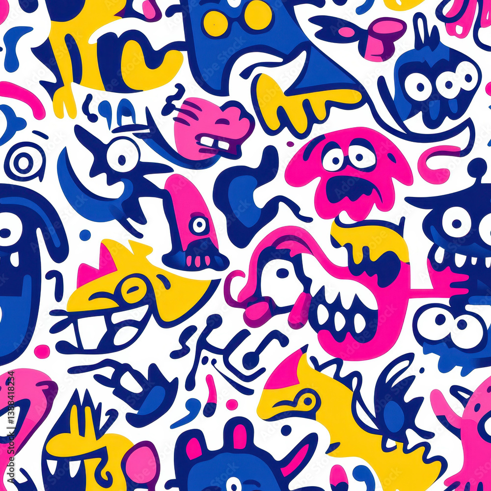 Obraz premium Discover a whimsical seamless pattern featuring bold doodle monsters in fun colorsperfect for a playful design touch