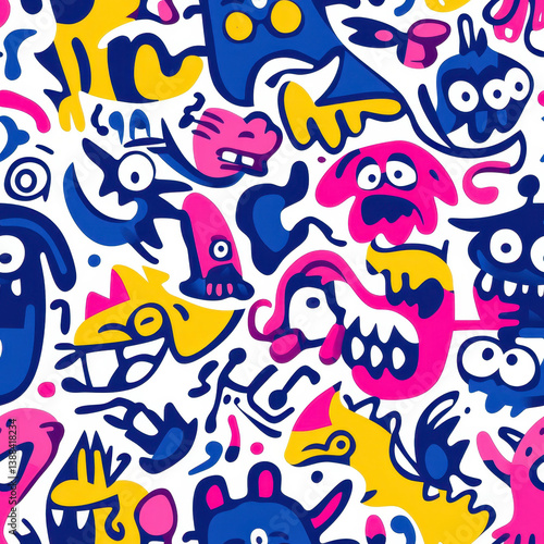 Discover a whimsical seamless pattern featuring bold doodle monsters in fun colorsperfect for a playful design touch