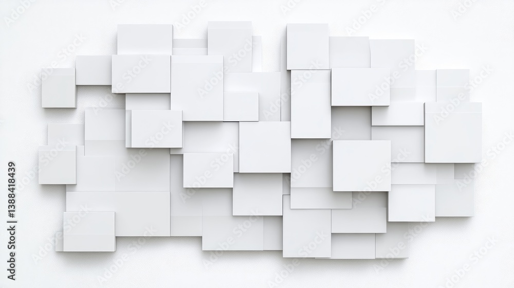 Abstract geometric composition of many white cubes. A layered, textured arrangement of various sized, solid white cubes Abstract geometric composition of many white cubes. A layered, textured arrangement of various sized, solid white cubes