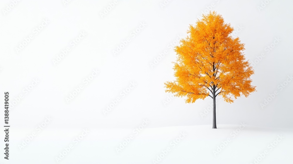 A single, small tree with vibrant orange autumn leaves stands on a white background. Its centrally positioned, creating a simple composition. The image is high-quality, well-lit, and features a minim A single, small tree with vibrant orange autumn leaves stands on a white background. Its centrally positioned, creating a simple composition. The image is high-quality, well-lit, and features a minim