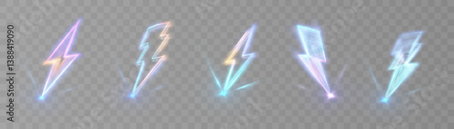 Collection of glowing lightning bolt icons in cool neon colors with dynamic blur on transparent background. Suitable for futuristic interfaces, game design, digital effects and electric UI visuals.