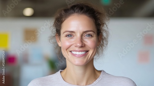 Free Download A smiling woman with light brown hair is the focus. The image is a high-quality headshot, well-lit, with a blurred background. Its a natural, friendly style. Warm, inviting colors create a positive - GFXLoad