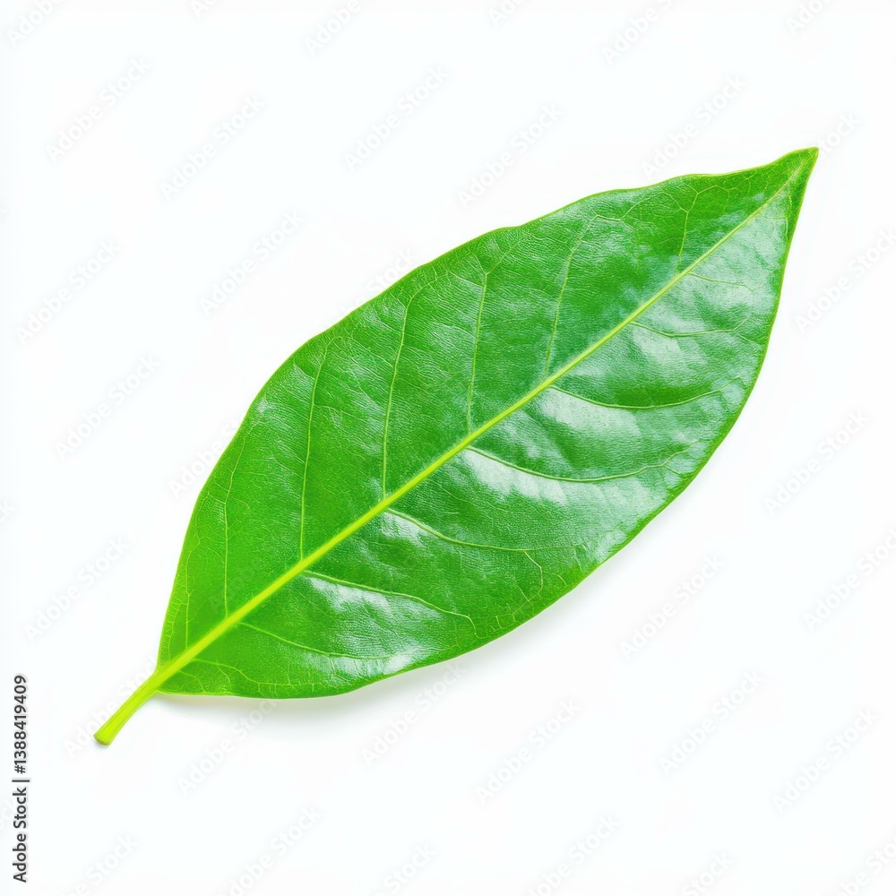 Obraz premium A vibrant green leaf sits gracefully against a pure white backdrop, highlighting its natural beauty and form.