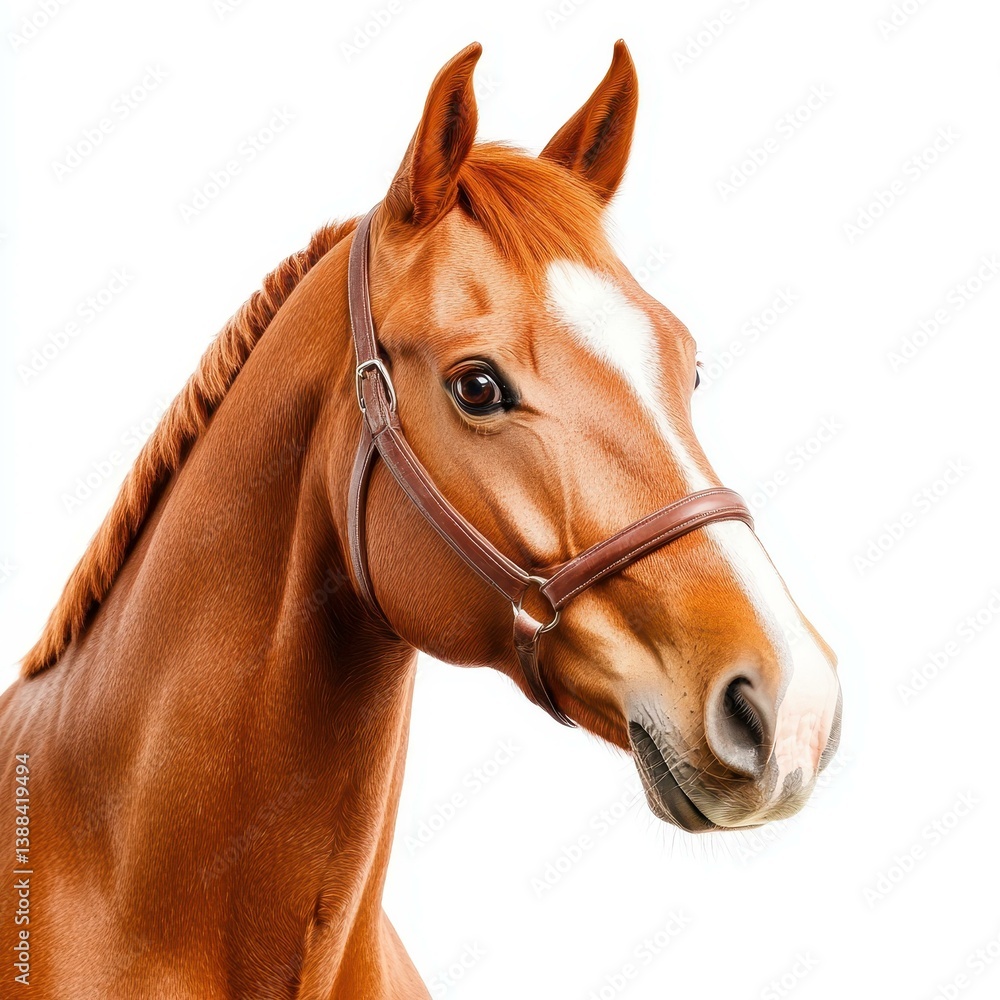 Obraz premium A majestic horse stands proudly against a clean white backdrop, showcasing its grace and strength in every detail.