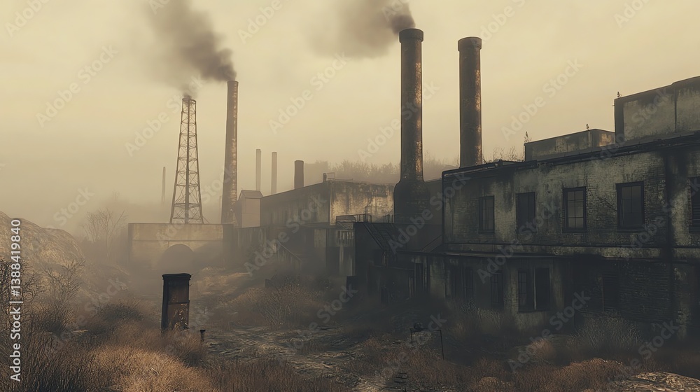 Industrial Factory with Tall Chimneys Emitting Smoke on Overcast Day