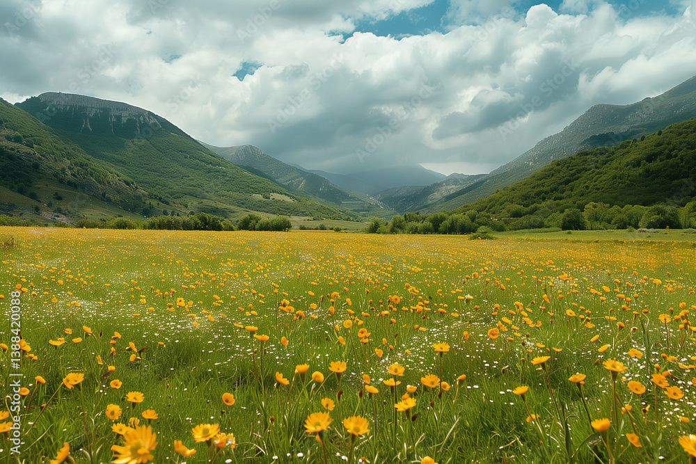 Yellow Flower Landscape in Blooming Countryside Fields with Clear Skies, Mountain Views, and Warm Spring Colors Yellow Flower Landscape in Blooming Countryside Fields with Clear Skies, Mountain Views, and Warm Spring Colors