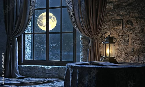 Lantern glowing on wooden table inside medieval castle room with full moon shining through window at night
