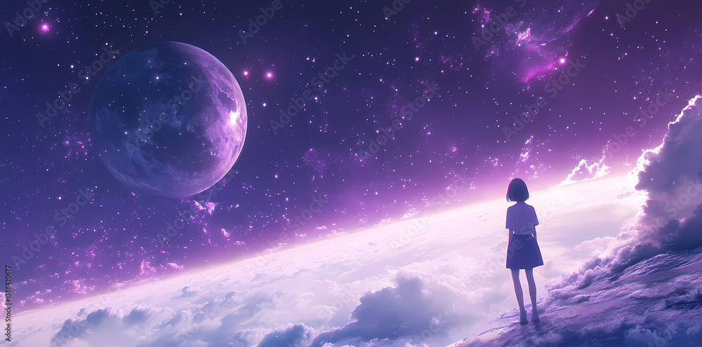 Stargazer's Vista: A silhouette of a girl gazes at a fantastical cosmic vista, dreaming amidst swirling nebulas, celestial bodies, and a vibrant sky filled with wonder. Stargazer's Vista: A silhouette of a girl gazes at a fantastical cosmic vista, dreaming amidst swirling nebulas, celestial bodies, and a vibrant sky filled with wonder.