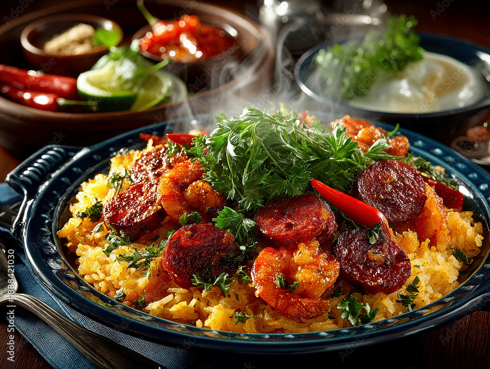 Fototapeta premium Image shows a colorful, steamy paella dish, symbolizing culinary excellence and inviting Spanish cuisine - AI-Generated