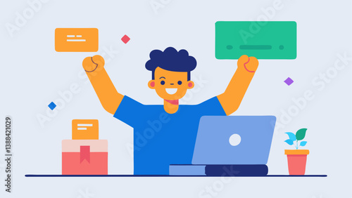 CrossBorder Transactions An online store owner celebrating after receiving a notification of a successful crossborder transaction via a payment platform on their computer.