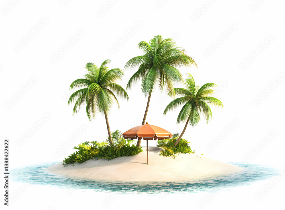 Fototapeta premium Tropical Island Paradise: A sun-drenched scene of a tropical island, featuring lush palm trees, a beach umbrella, and tranquil blue water evokes a sense of serenity and escape.