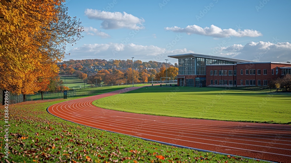 Obraz premium Autumnal Running Track and Modern School Building