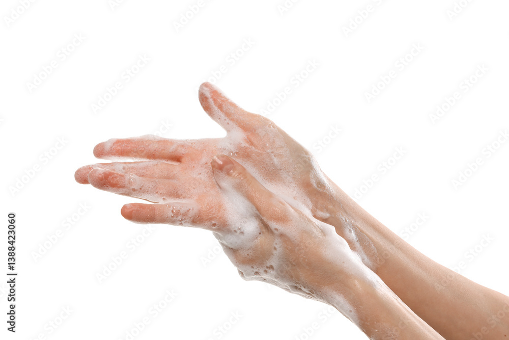 Woman washing hands with foaming soap on white background, closeup. Hygiene Woman washing hands with foaming soap on white background, closeup. Hygiene