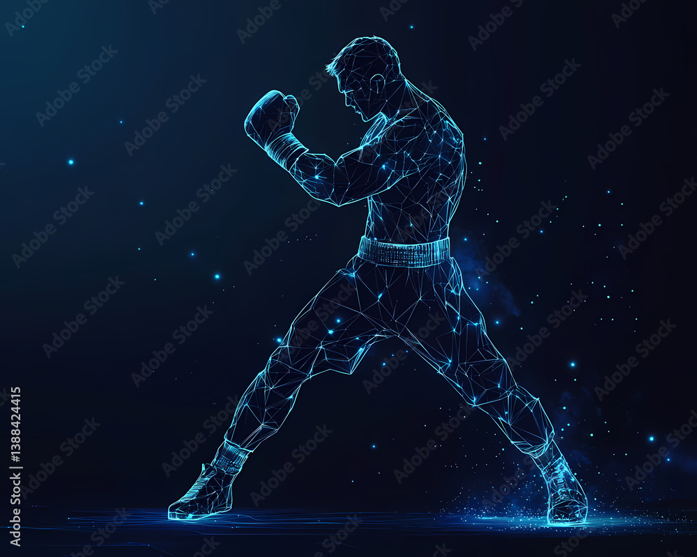 Boxer's Intense Focus: A digitized image captures a boxer in mid-action, his body a network of illuminated lines, embodying strength and the dedication required in the sport. Boxer's Intense Focus: A digitized image captures a boxer in mid-action, his body a network of illuminated lines, embodying strength and the dedication required in the sport.