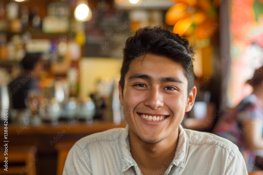 Fototapeta premium Portrait of a smiling young hispanic man in a coffee shop