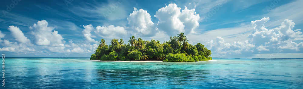 Serene Tropical Island Paradise: A breathtaking aerial view unveils a captivating tropical island embraced by crystal-clear turquoise waters under a sky adorned with puffy white clouds. Serene Tropical Island Paradise: A breathtaking aerial view unveils a captivating tropical island embraced by crystal-clear turquoise waters under a sky adorned with puffy white clouds.