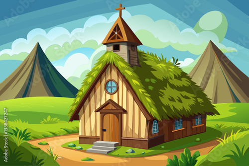 vector of Small wooden church with thatched roof and green grass, Iceland