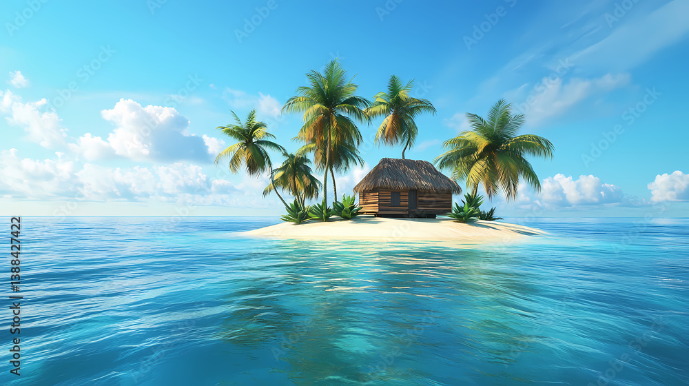 Paradise Island Escape: A tranquil tropical island, crowned with swaying palm trees and a charming hut, emerges from crystal-clear turquoise waters under a radiant blue sky, evoking serenity. Paradise Island Escape: A tranquil tropical island, crowned with swaying palm trees and a charming hut, emerges from crystal-clear turquoise waters under a radiant blue sky, evoking serenity.