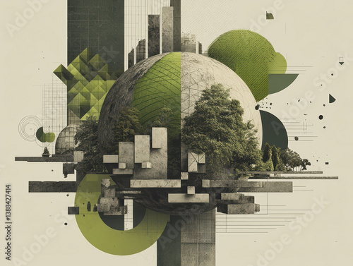 An artistic illustration showcasing urban planning, environmental sustainability, and futuristic design, featuring a stylized Earth with emphasis on nature preservation and smart city t - AI-Generated