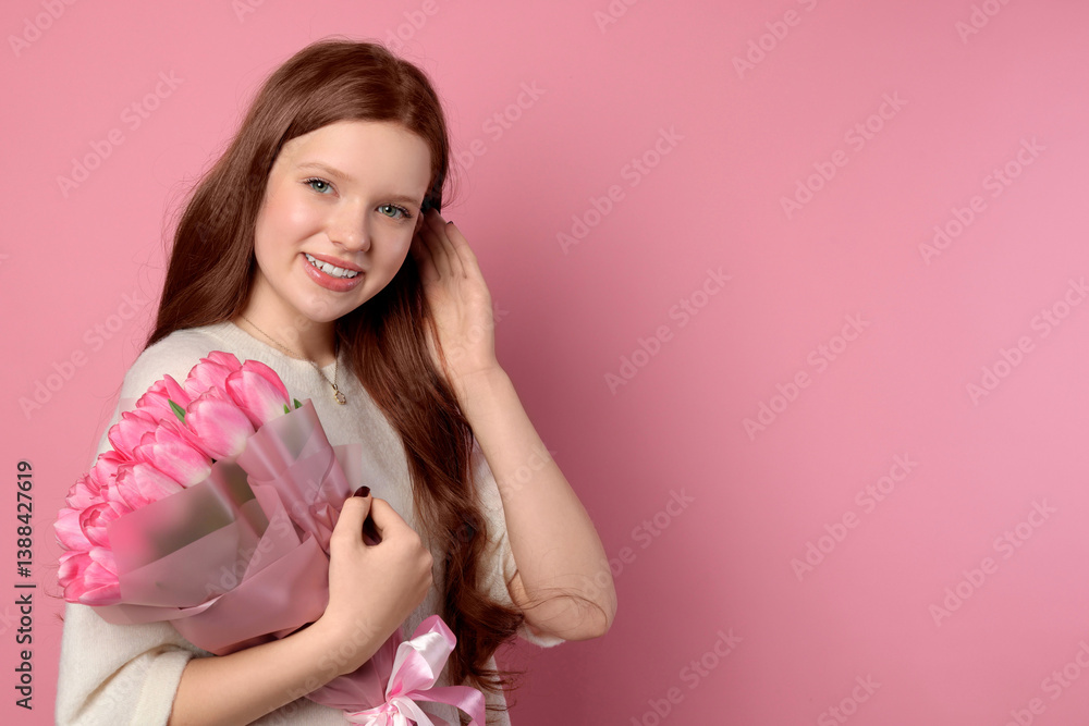 Beautiful teenage girl with bouquet of tulips on pink background, space for text Beautiful teenage girl with bouquet of tulips on pink background, space for text