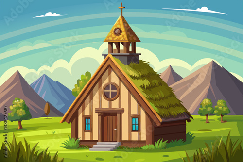 vector of Small wooden church with thatched roof and green grass, Iceland