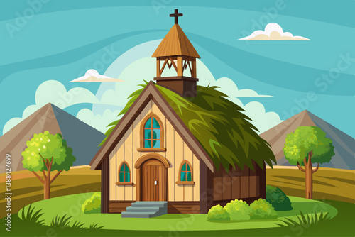 vector of Small wooden church with thatched roof and green grass, Iceland